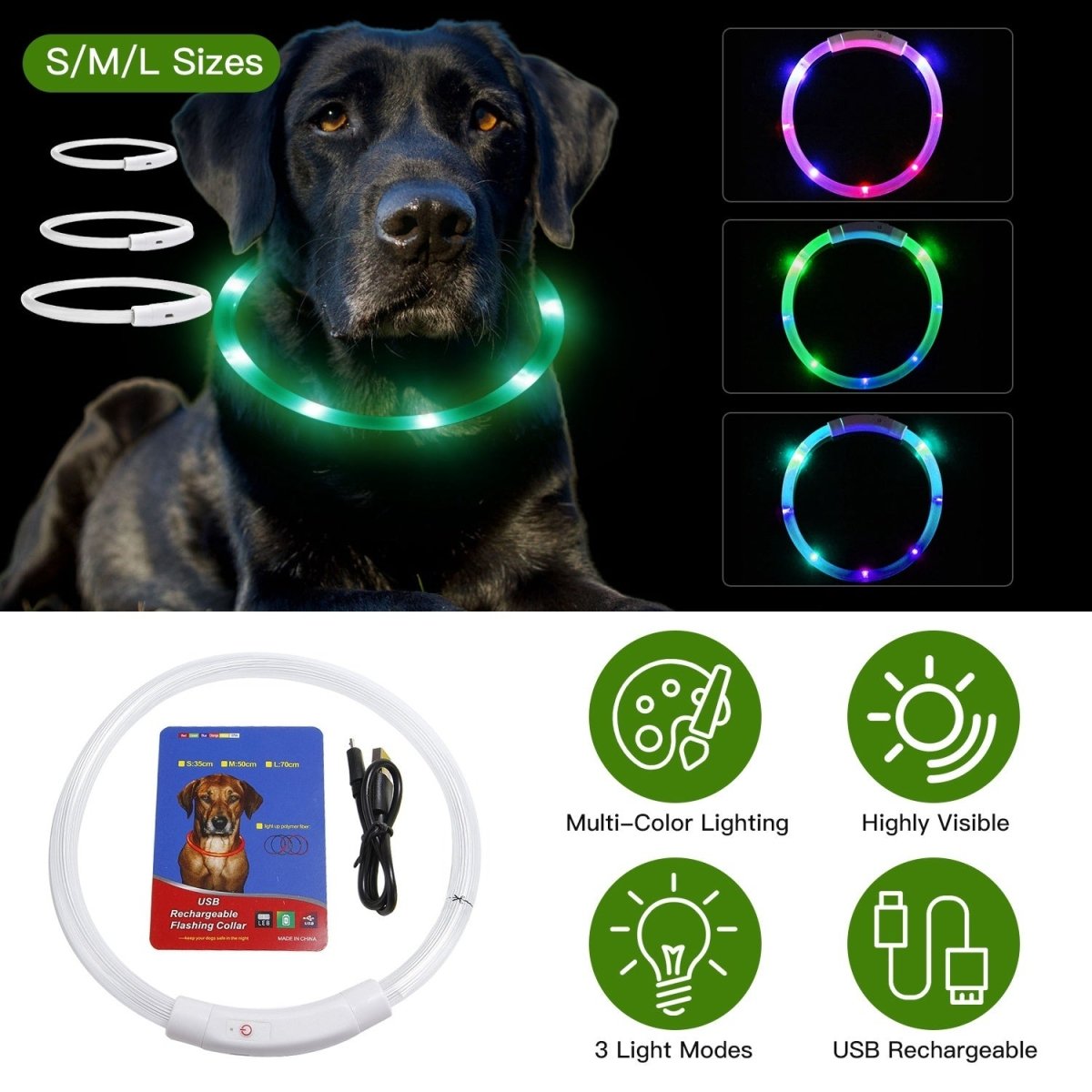 1Pc USB Rechargeable LED Dog Collar Multi Color Lighting Dog Safety Collar Cuttable Length Glow Dog Collar For Small Medium Large Dog Night Walking - Noble Nose