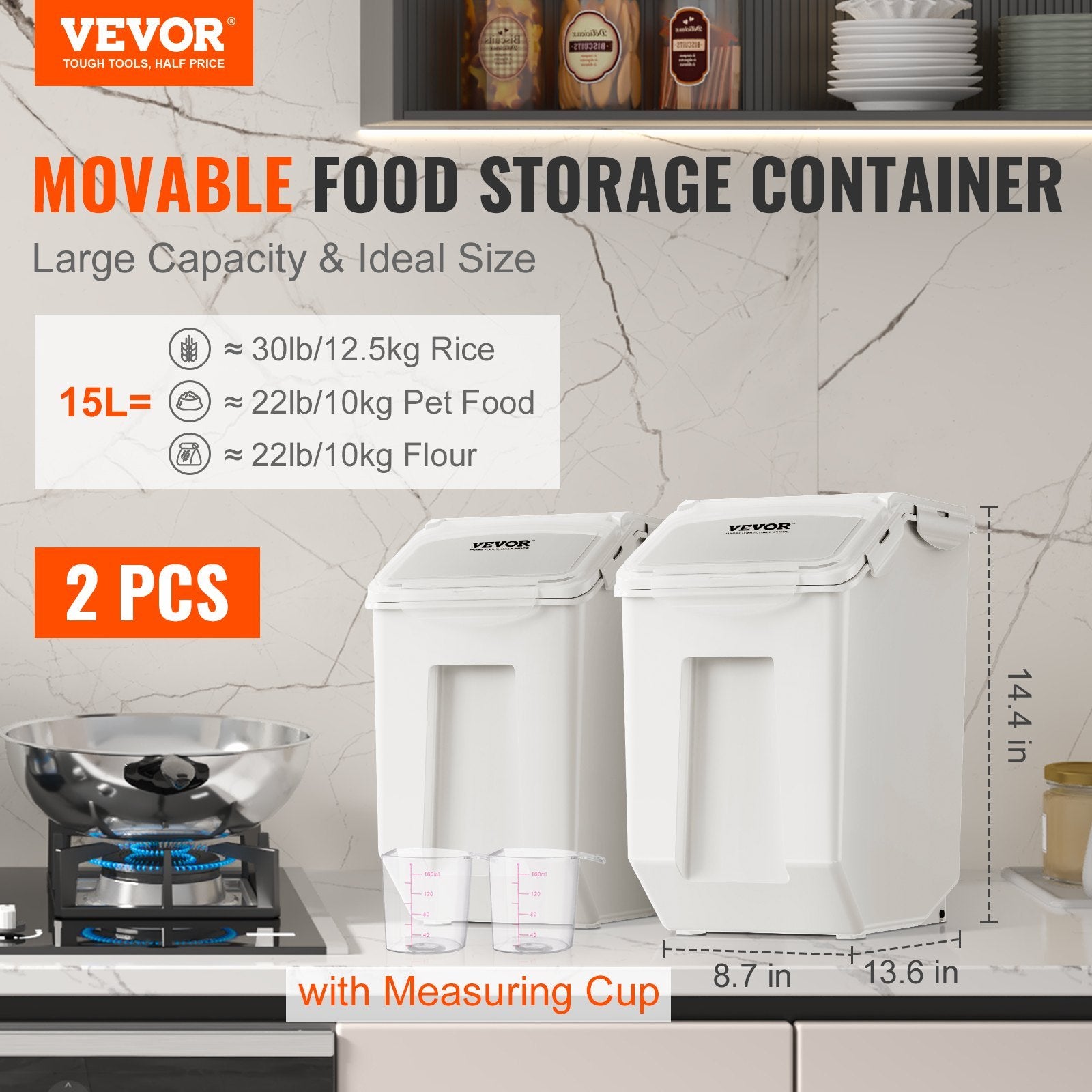 Ingredient Storage Bin, 2 X 15L Dispenser Bin With 2 Measuring Cups, Attachable Casters And Airtight Lid,   Dog Pet Food Storage Container, PP Material Kitchen Rice Cereal Flour Bin