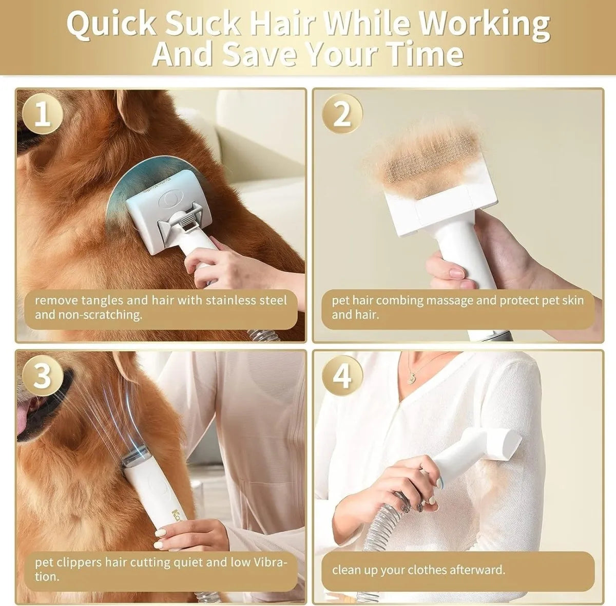 Pet grooming tool with step-by-step instructions on using it.