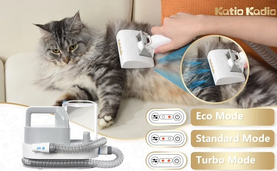 Cat being groomed with a grooming tool on a couch, featuring 'Katio Kadio' brand.