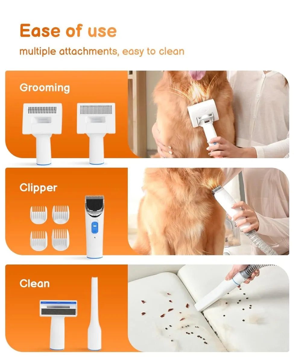 Dog grooming tool set with attachments for grooming, clipping, and cleaning.