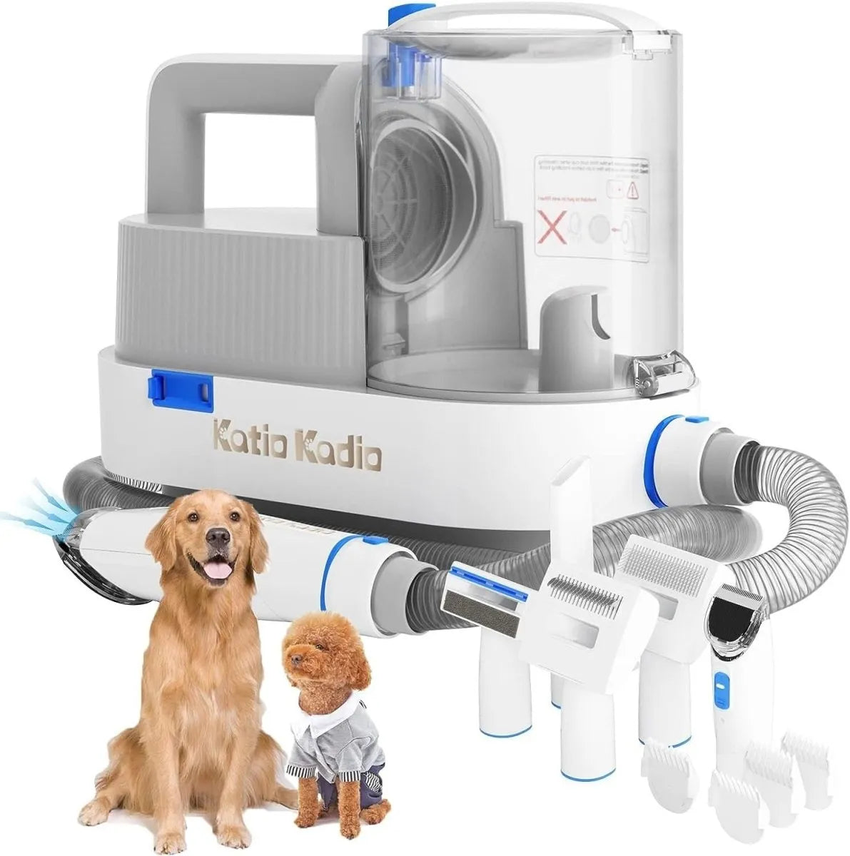 Katio Kadio pet grooming machine with two dogs sitting in front on a white background