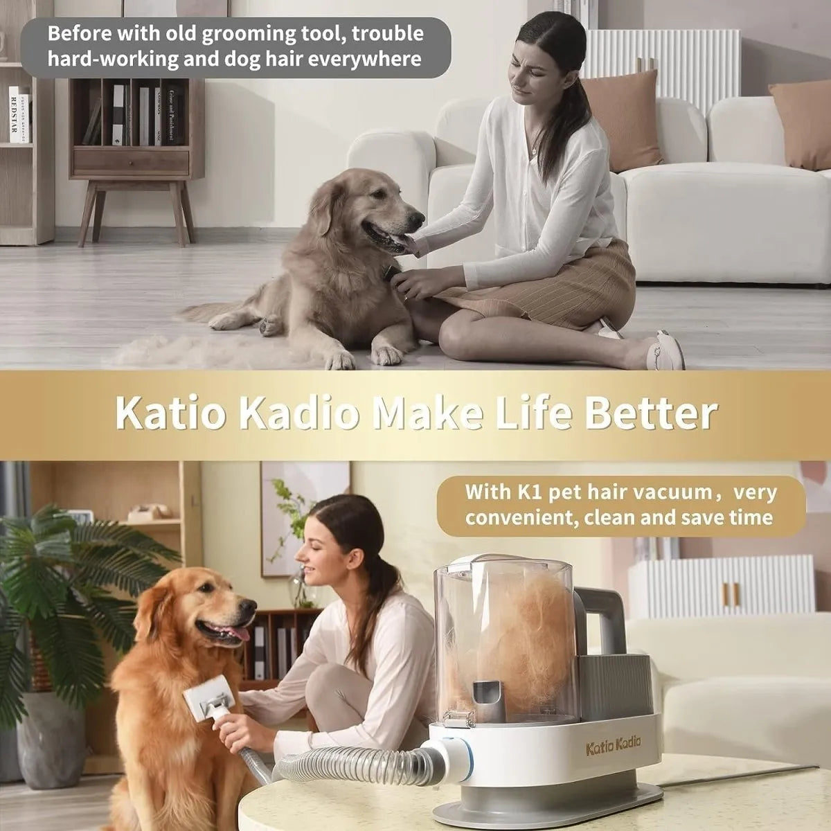 Woman grooming a dog with a Katio Kadio pet hair vacuum in a living room setting.
