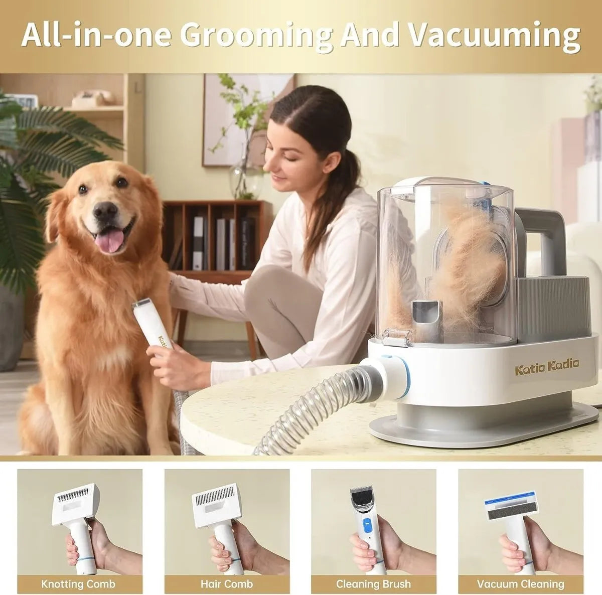 Woman grooming a dog with a Katio Kudio grooming and vacuum device in a home setting.