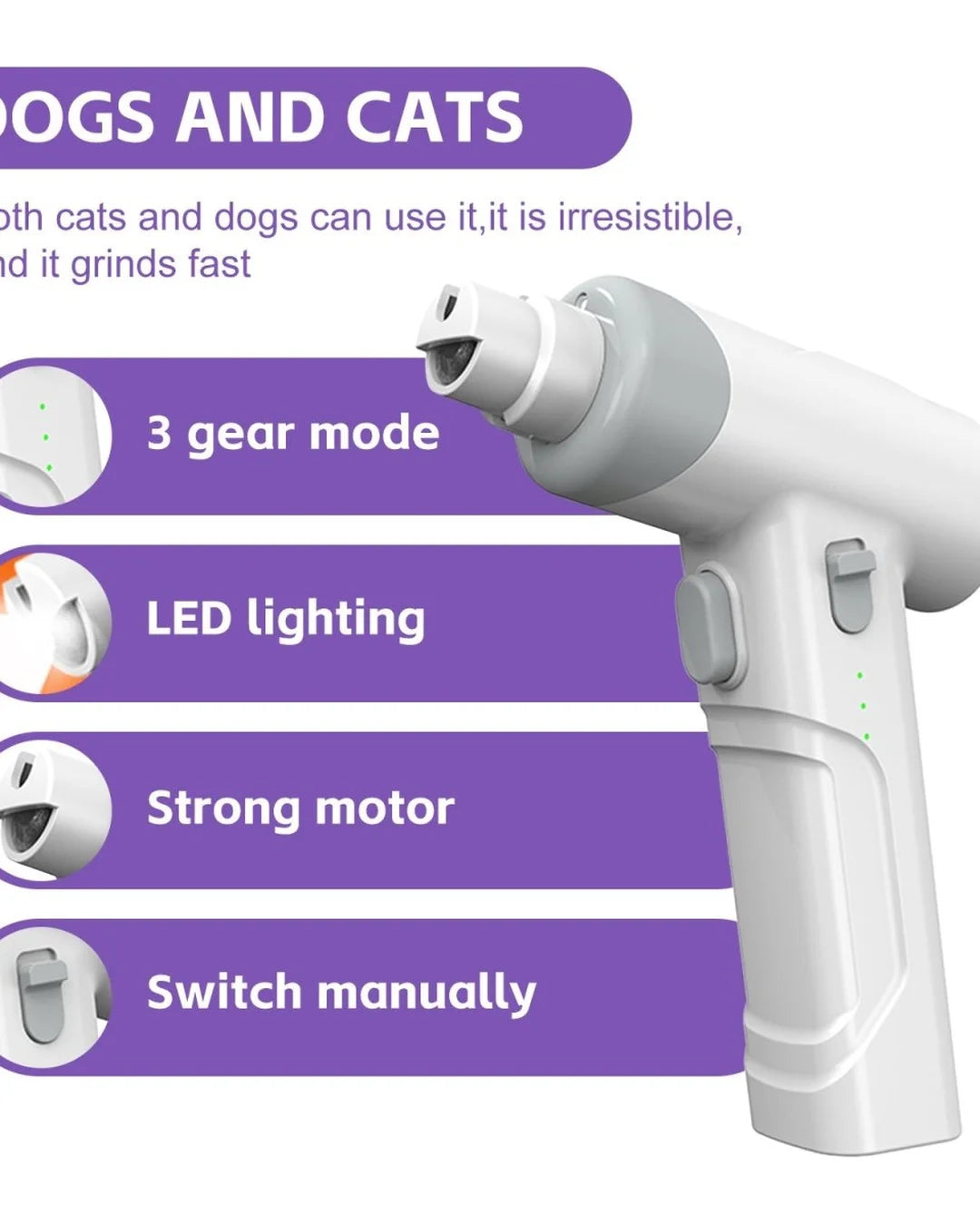 White handheld device with purple text box detailing features on a white background