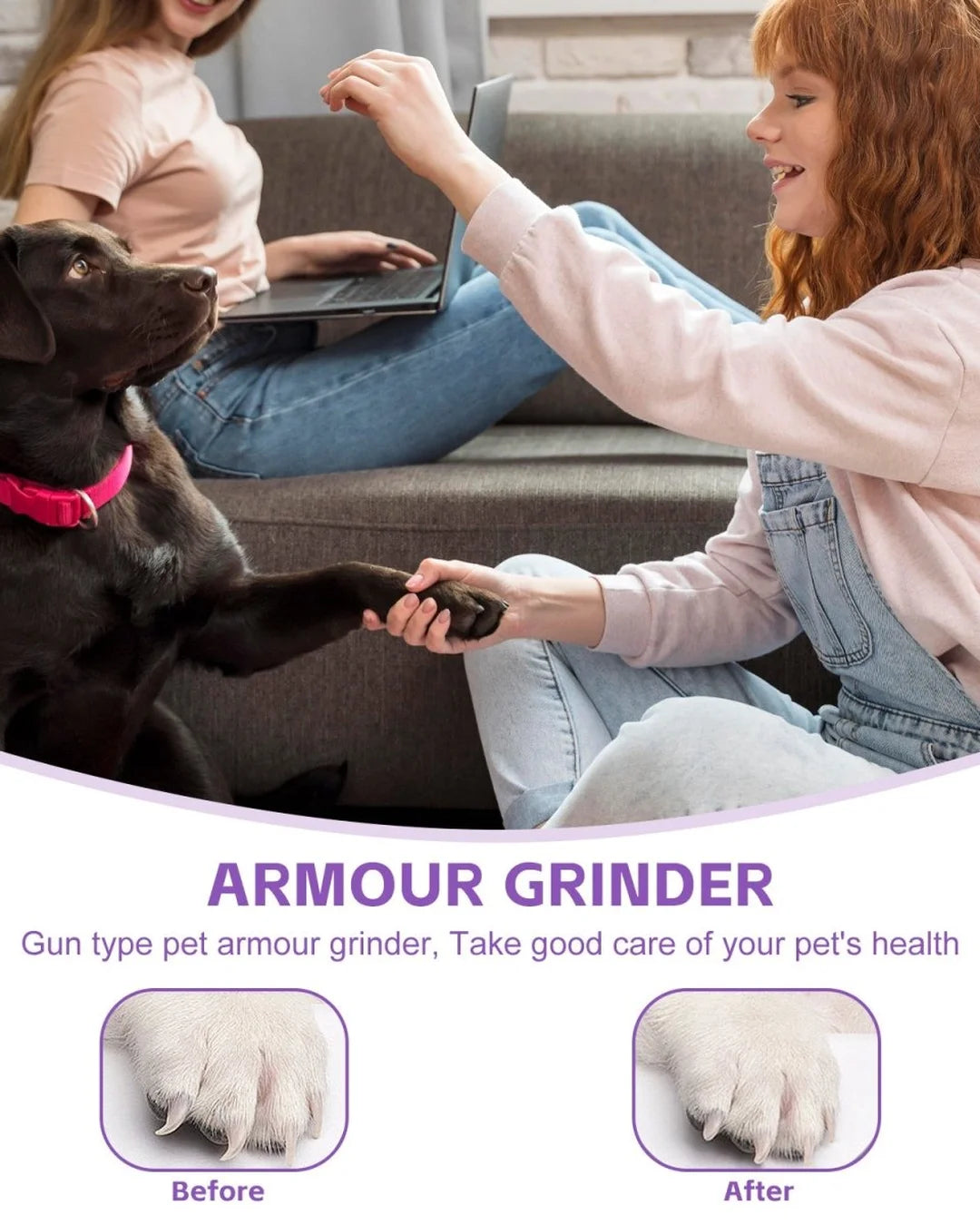 Woman interacting with a dog on a couch, with text about an 'Armour Grinder' product for pet health.