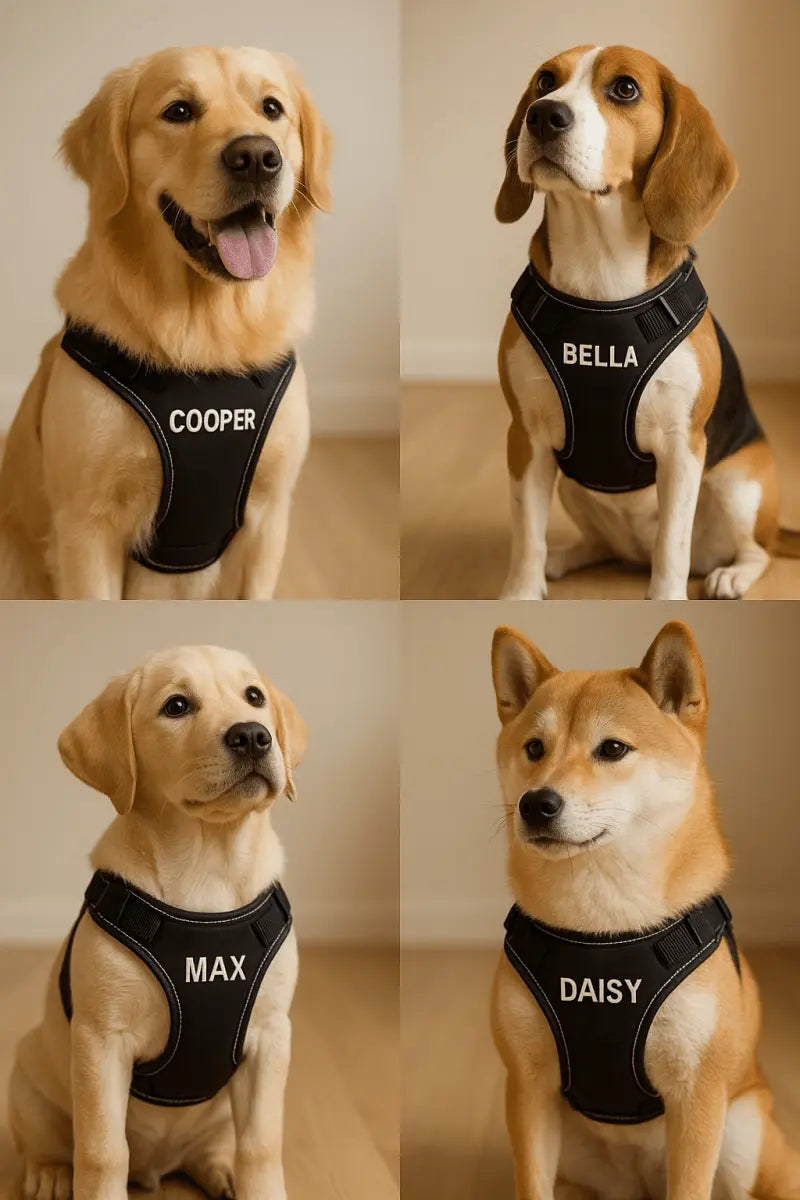 Four dogs wearing harnesses with personalized names on a neutral background