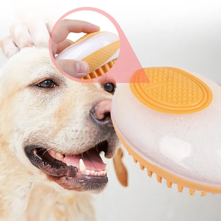 Dog being groomed with a pet grooming brush, close-up of brush head.