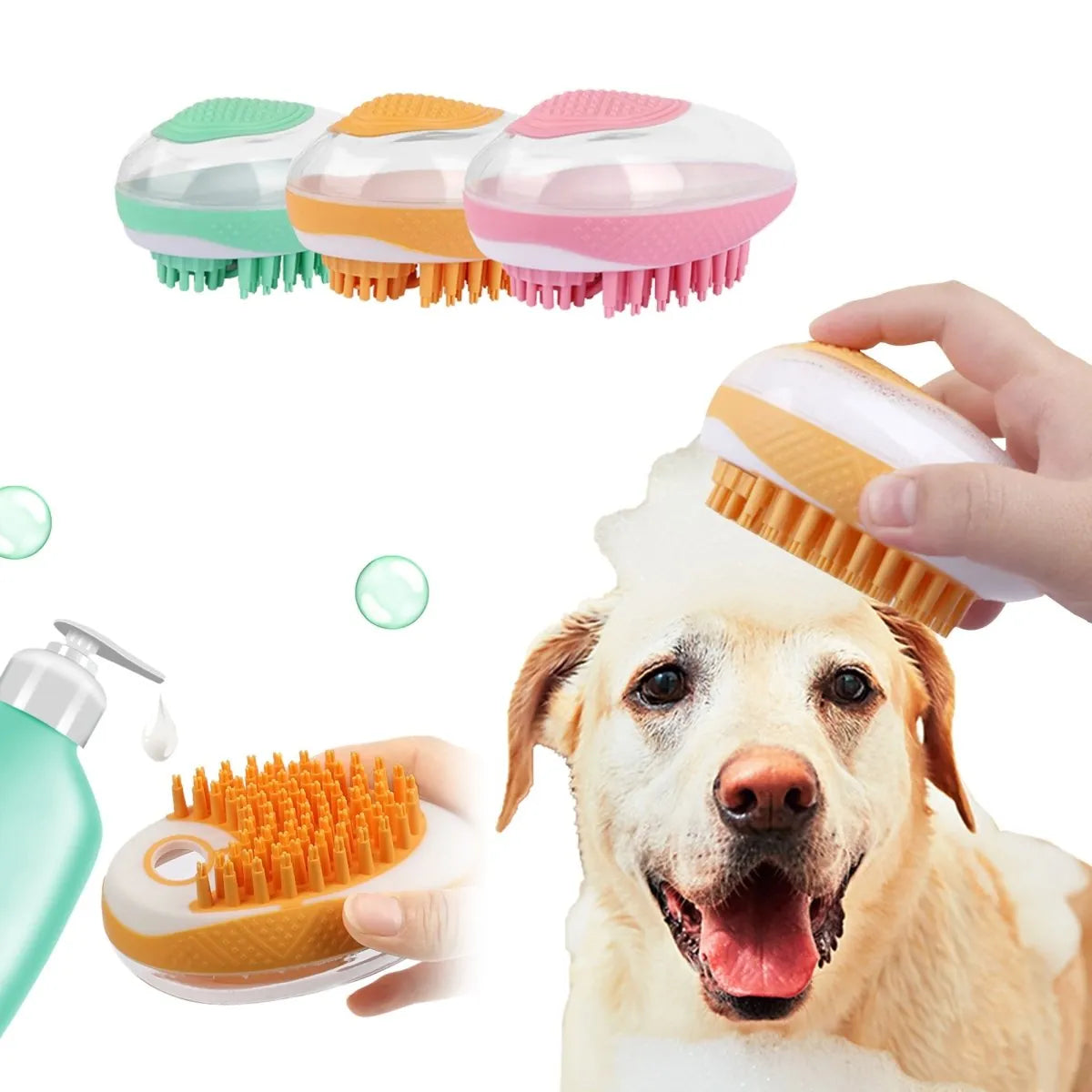 Pet grooming brush with colorful handles held by a person, with a dog being groomed in the foreground.