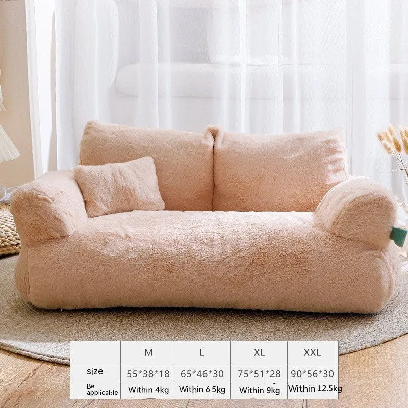 Beige plush sofa with size chart in a bright room