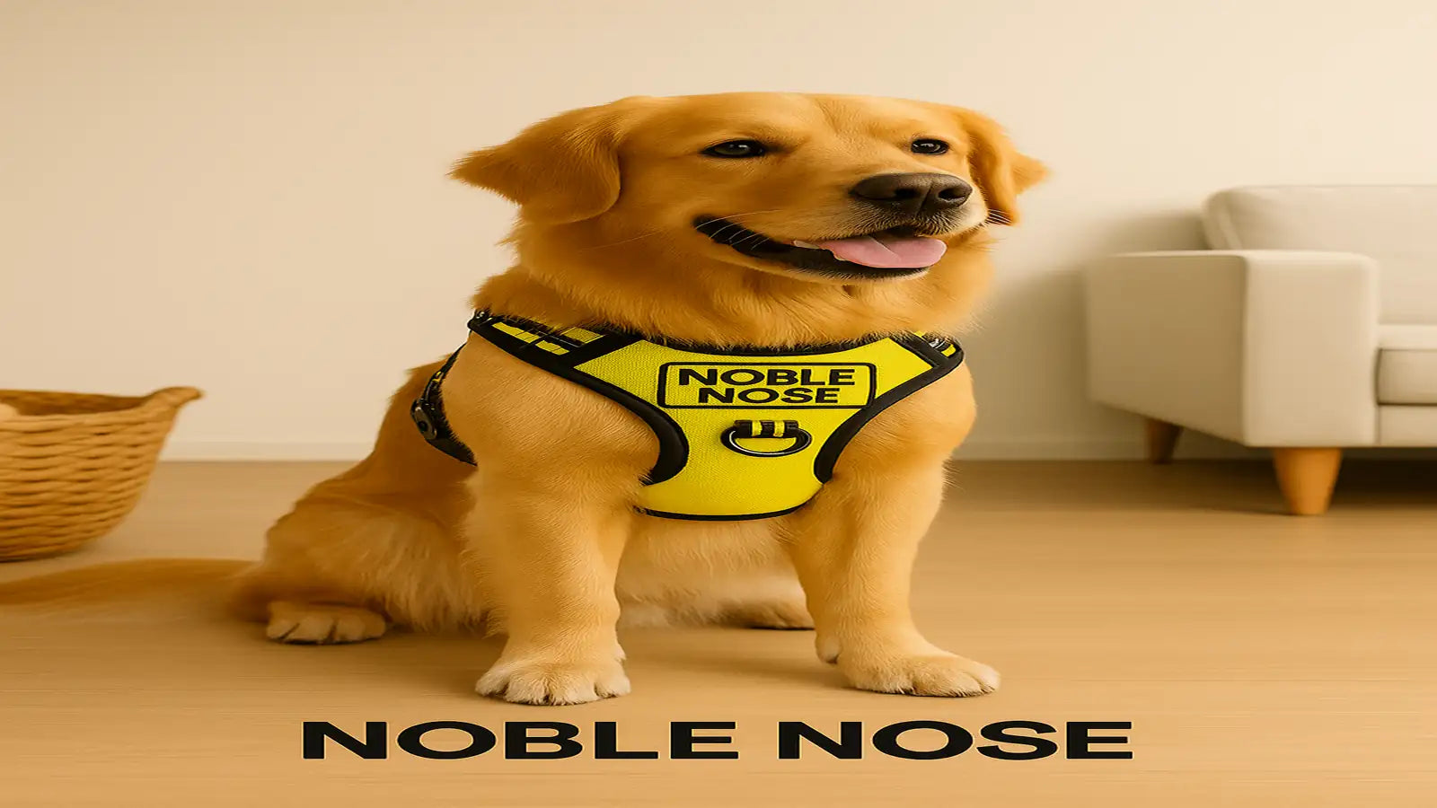 Dog wearing a yellow harness with 'Noble Nose' branding in a home setting.