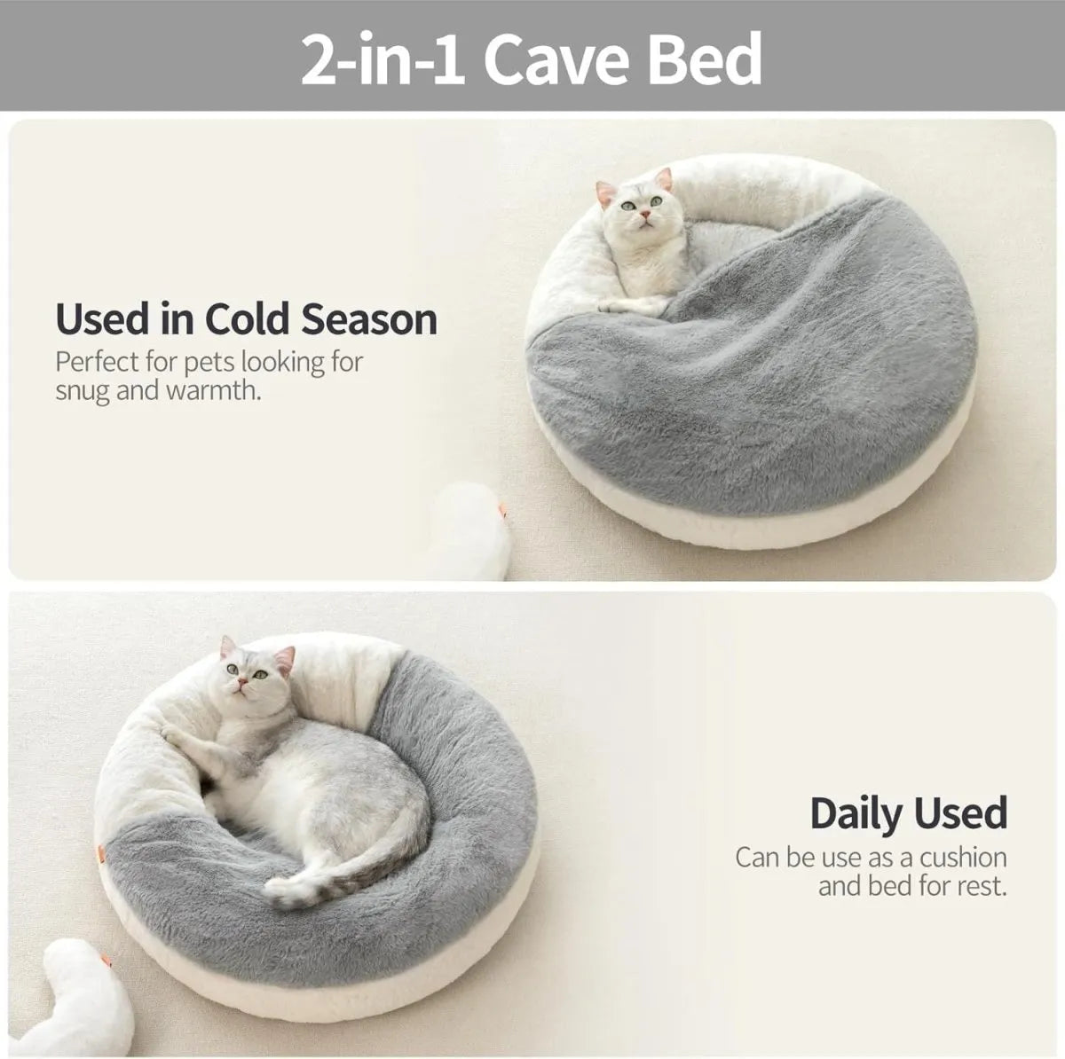 2-in-1 Cave Bed with a cat inside, used in cold seasons and daily.