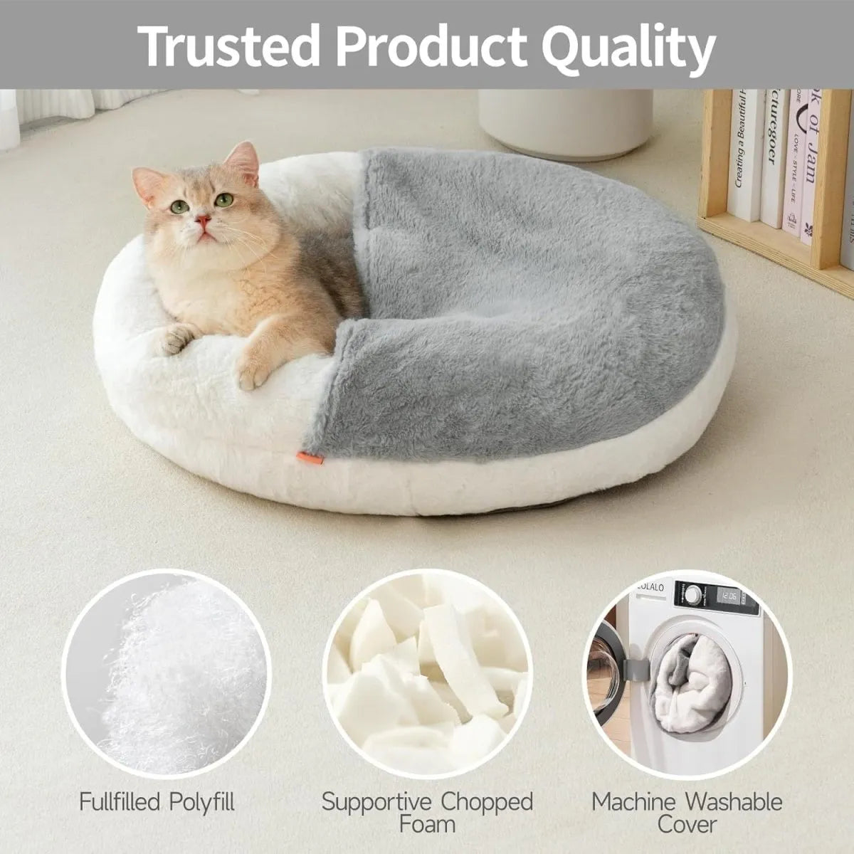 Cat lying on a donut-shaped pet bed with text 'Trusted Product Quality' and product features.