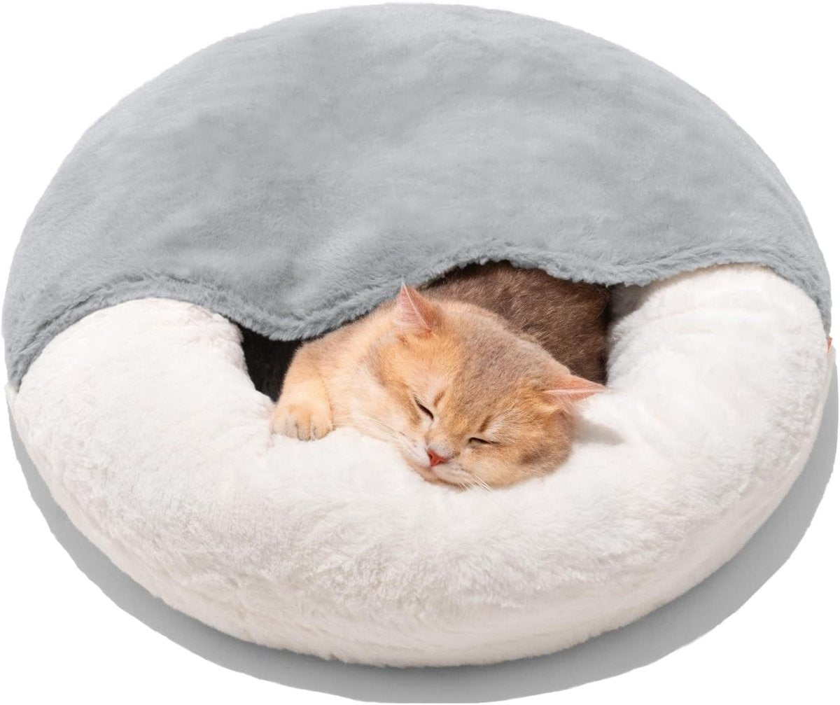 MEWOOFUN Enclosed Cat Bed Cave - Washable Pet Bed With Blanket & Non - Slip Base For Cats & Small Dogs 22'' X 22'', White - Noble Nose