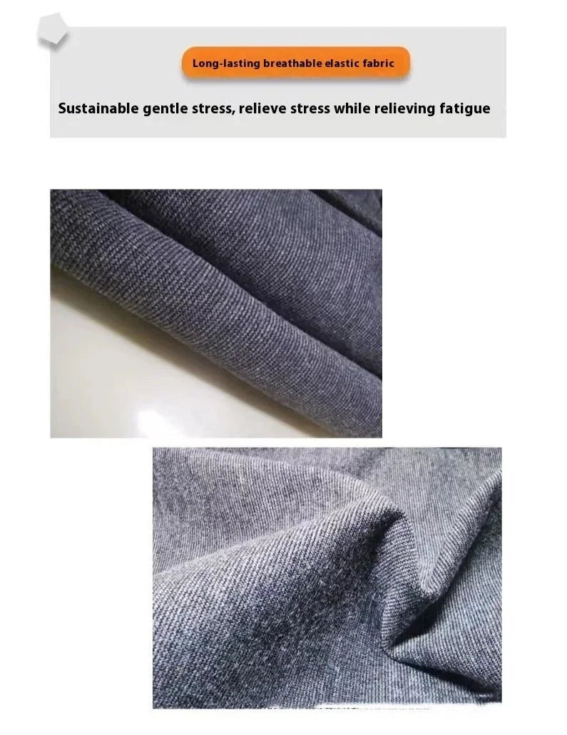Text about long-lasting breathable elastic fabric with close-up images of gray fabric.