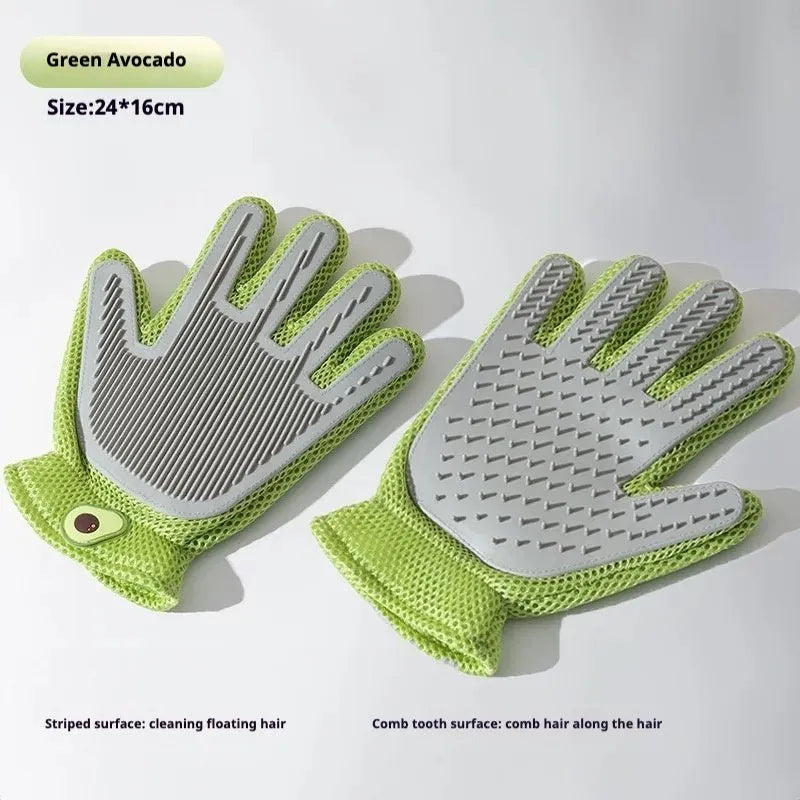 Green pet grooming gloves with textured surface on a white background