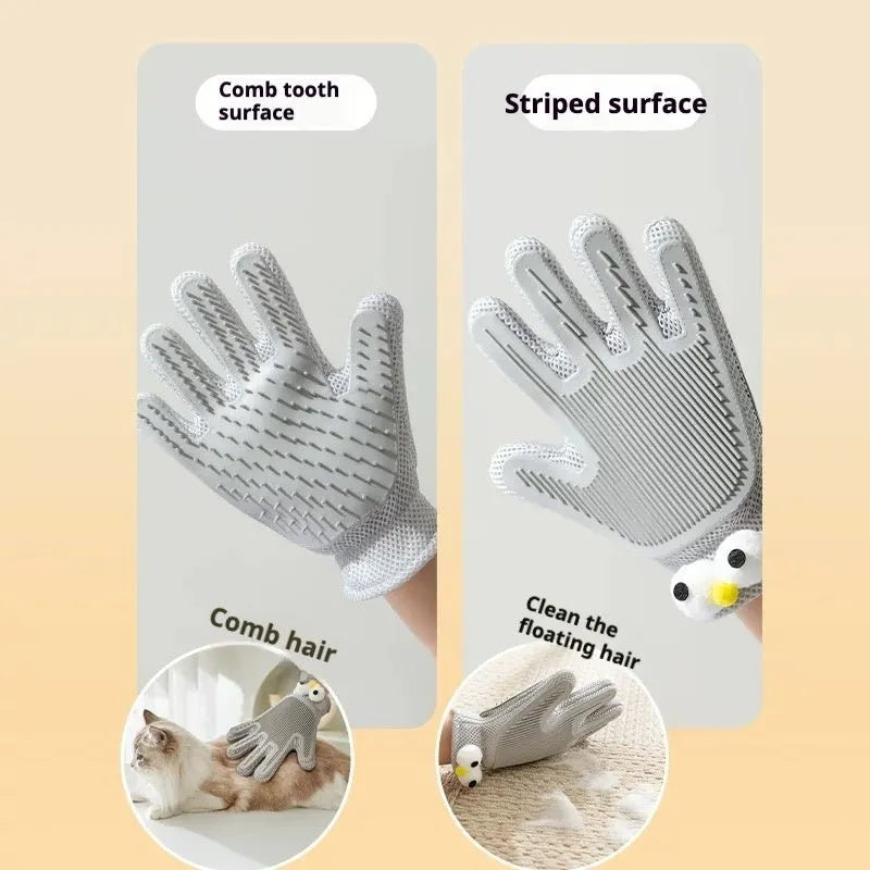 Pet grooming glove with comb and striped surfaces, labeled for use on pets.