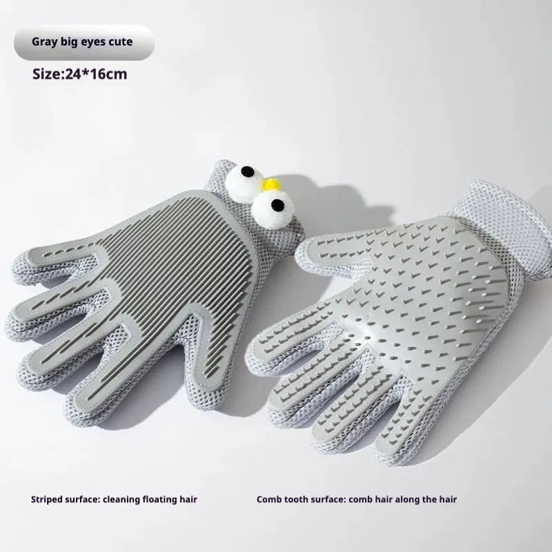 Gray massage gloves with a cartoon character on a white background