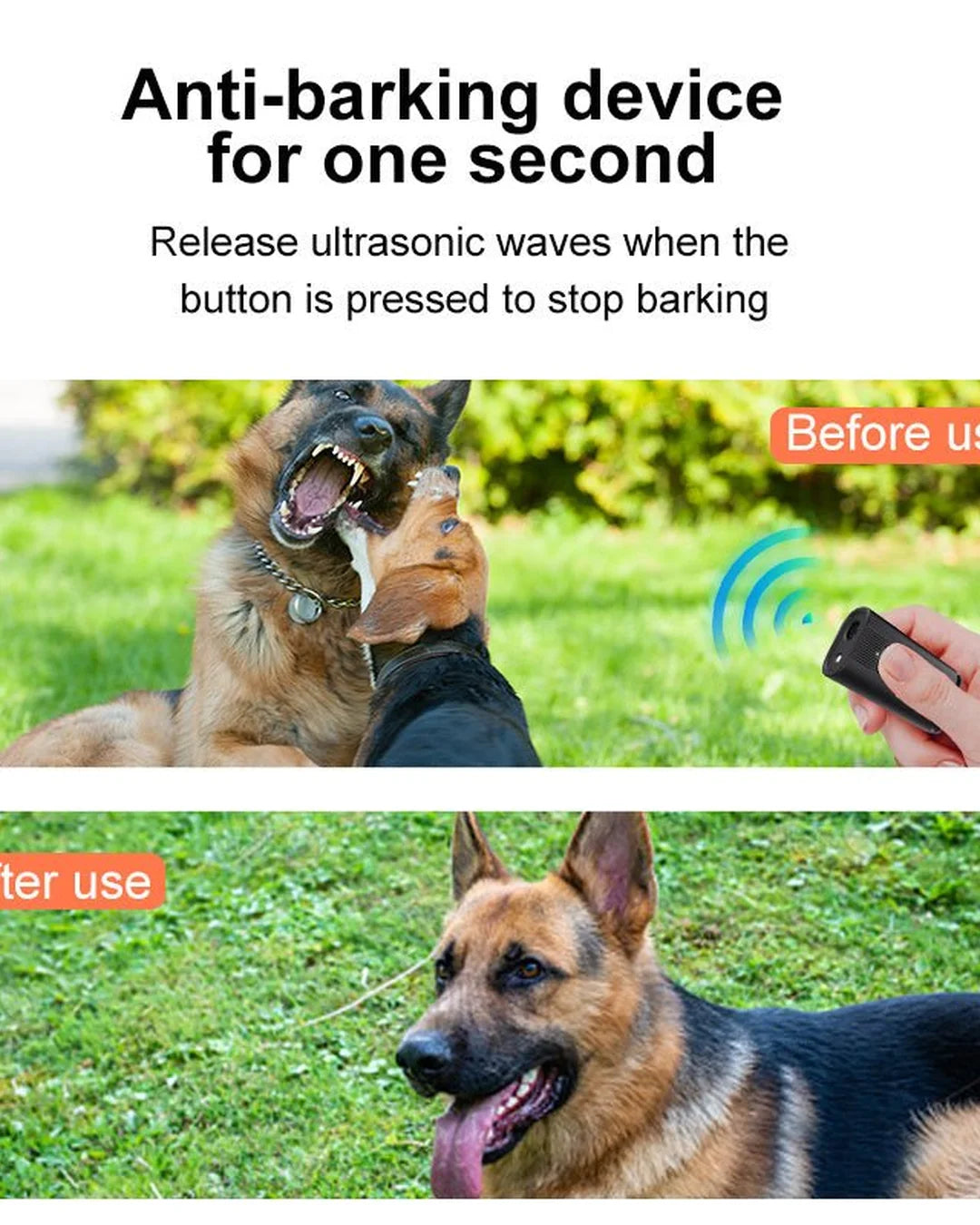 Advertisement for an anti-barking device with a dog barking and a hand holding a remote control.