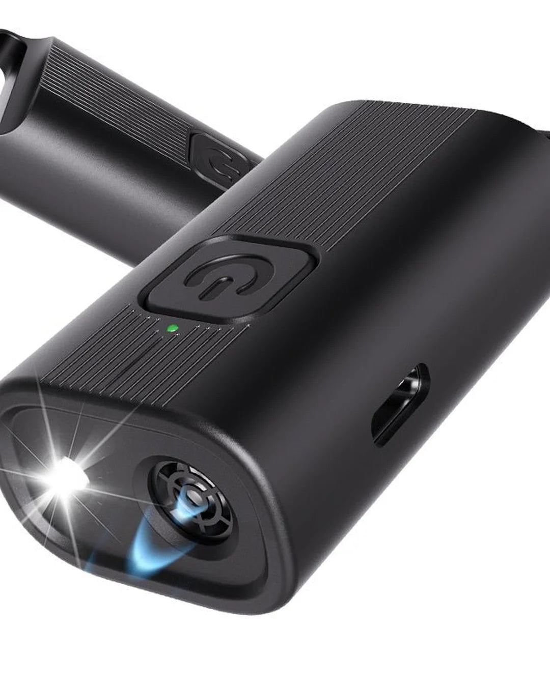 Black portable device with light and fan on a white background