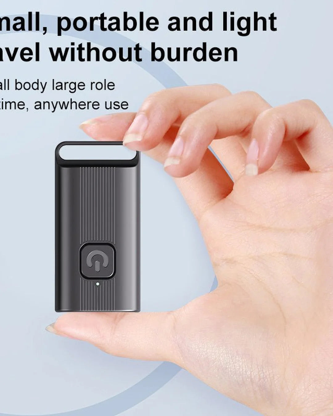 Hand holding a small, portable device with text about its portability.