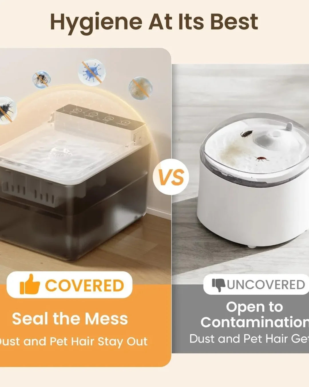 Comparison of a sealed pet water bowl and an uncovered one with text 'Hygiene At Its Best'.