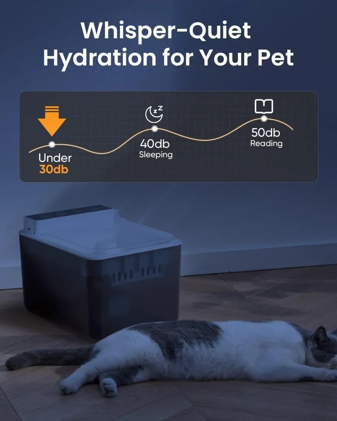 Pet water fountain with a cat lying on the floor, emphasizing whisper-quiet operation.