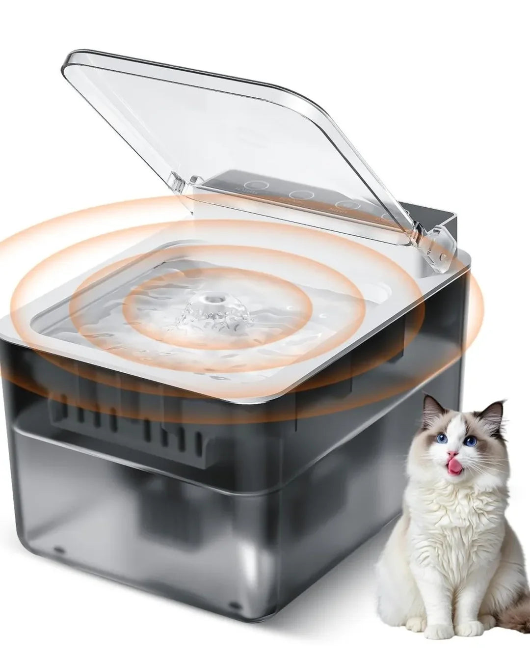 Pet water dispenser with a cat sitting next to it on a white background