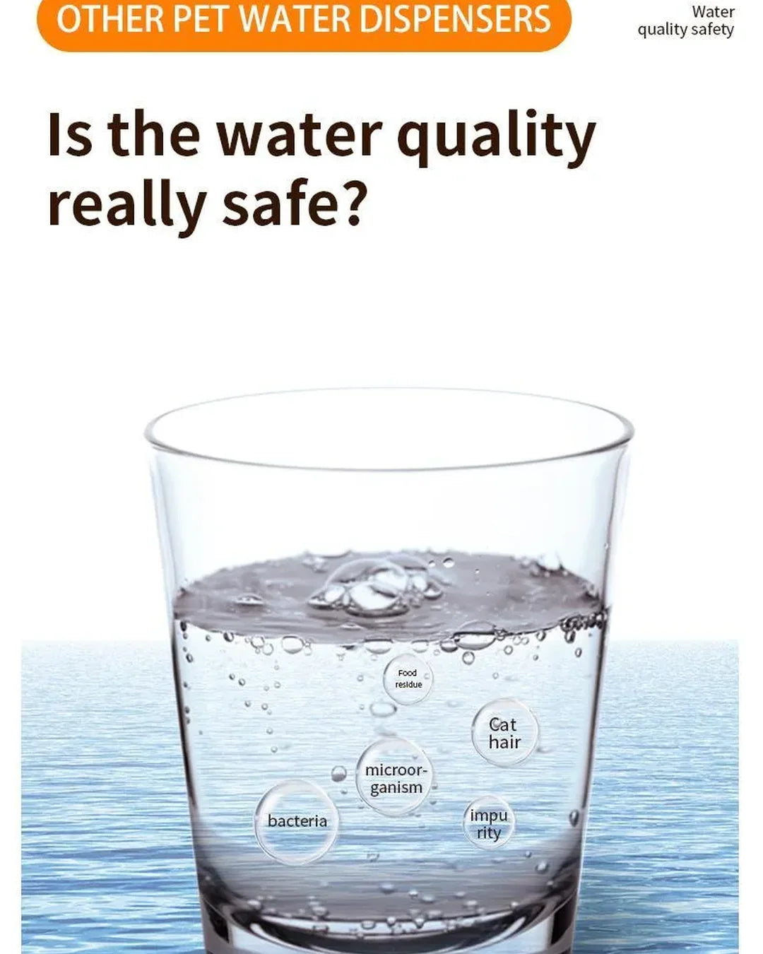 Glass of water with impurities labeled, text about pet water dispensers and water quality safety.