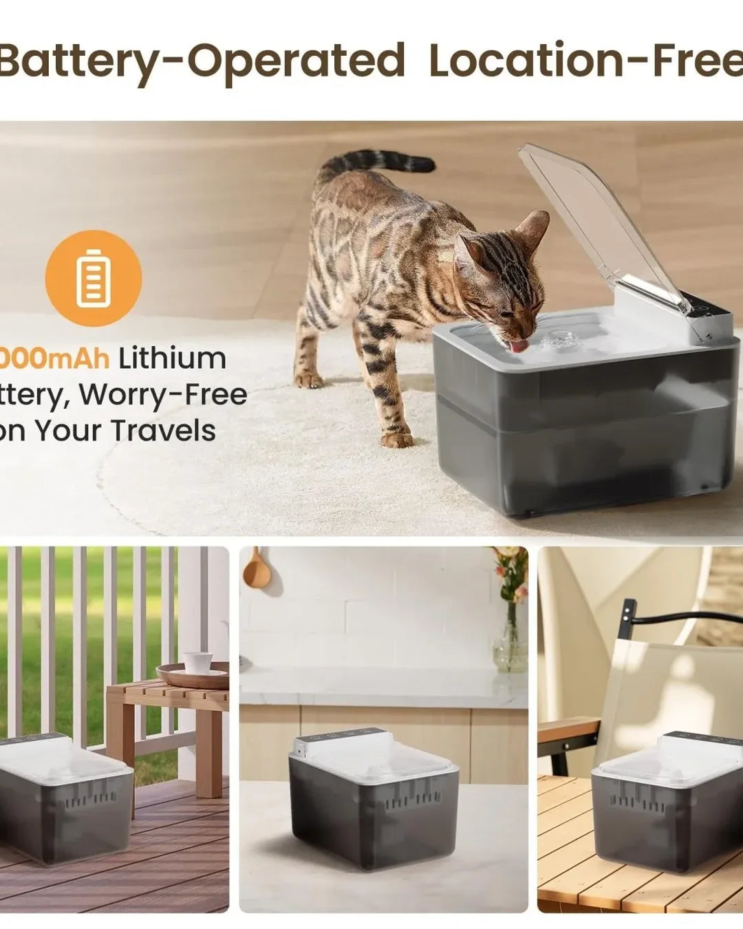 Cat drinking from a portable water fountain with promotional text about battery operation and size.
